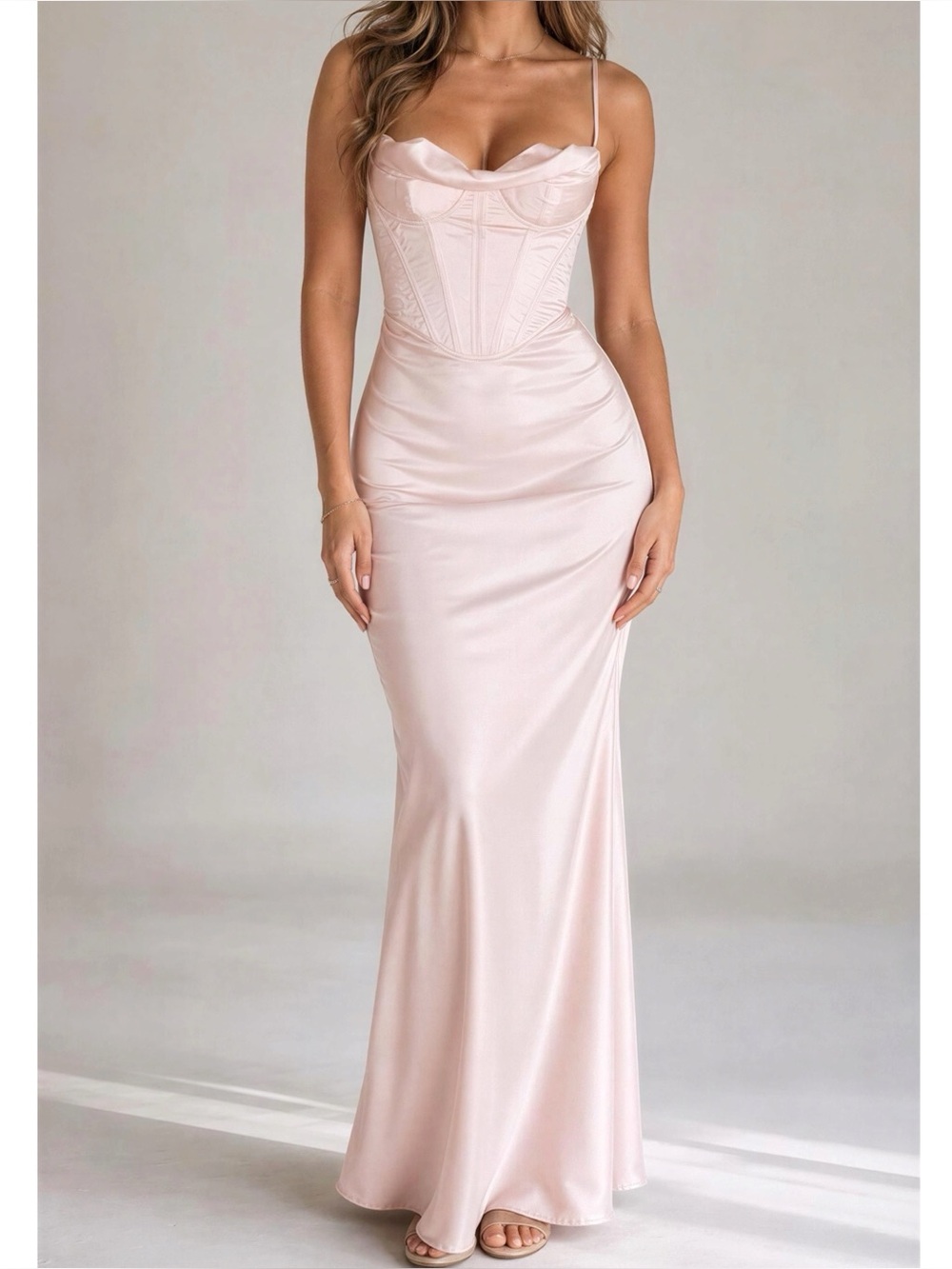 HOUSE OF CB Charmaine Corset Satin Maxi Dress, Blush Pink, XS